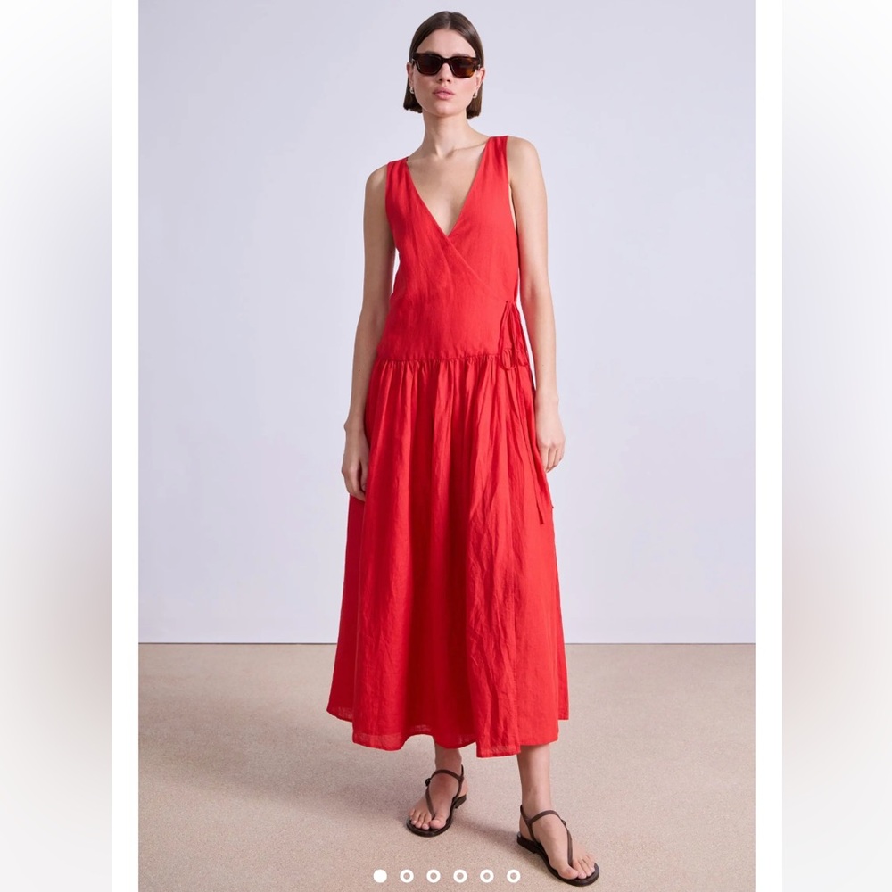 Apiece Apart 100% Linen Poppy Red Wrap Sleeveless Midi Dress